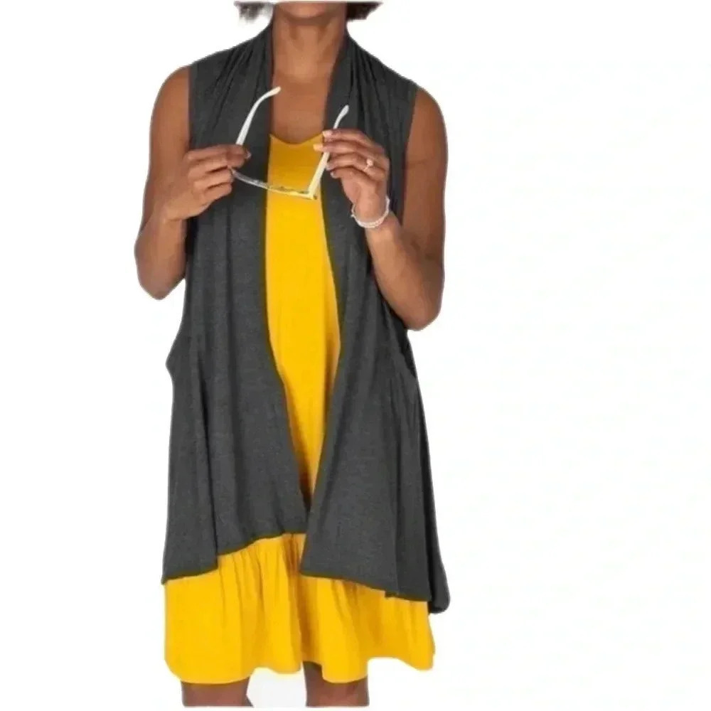 Agnes & Dora Cascade Vest Sleeveless with Pockets Two Tone Gray Charcoal Modal